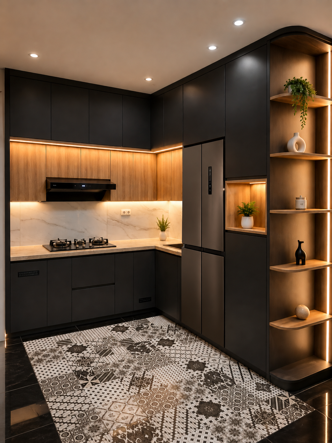 Kitchen Set Minimalis Modern Dark Oak — HPL matte black dengan aksen natural oak, kabinet full ceiling di Bekasi