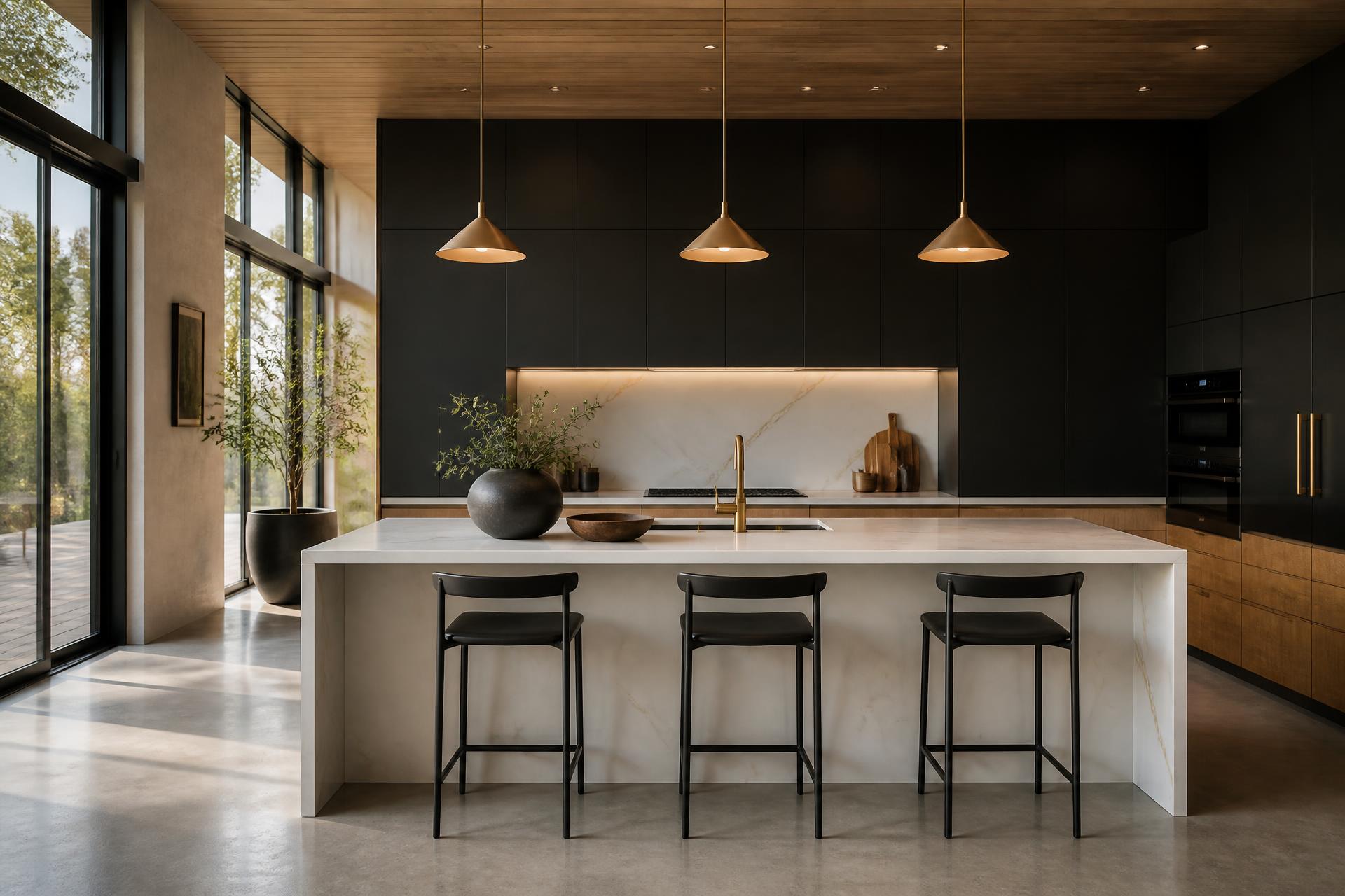 Kitchen set custom premium dengan island marmer dan kabinet matte hitam, desain OMAH PRO untuk rumah modern di Solo