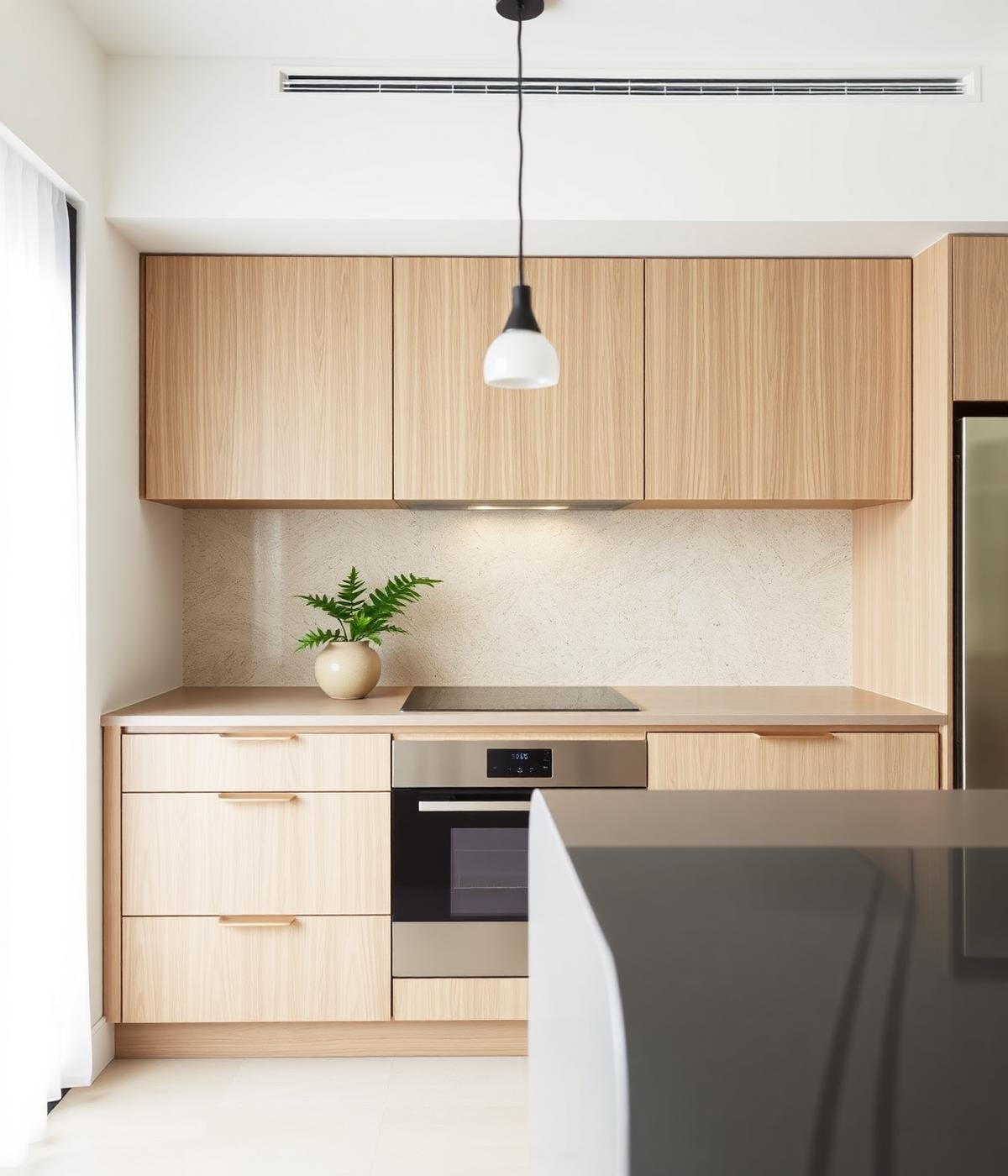 Kitchen set Japandi Light di Yogyakarta — Oak slat · Mortar backsplash