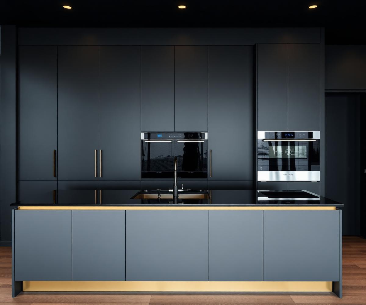 Kitchen set Onyx Suite di Sukoharjo — HPL matte black · Brass strip